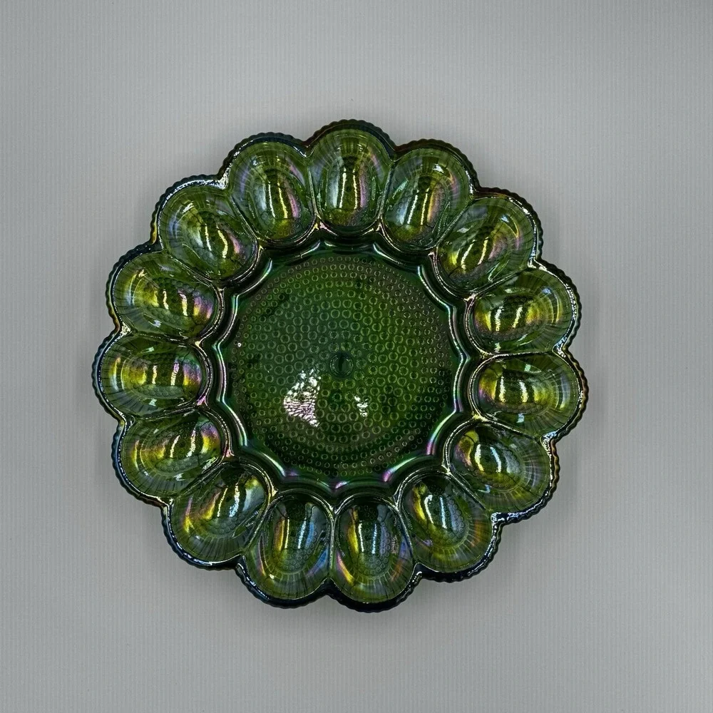 Vintage Indiana Glass Deviled Egg Plate Carnival Green Hobnail 11